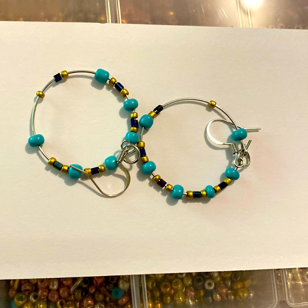 Handmade earrings good quality cyan gold multicolored. Light weight silver hoops